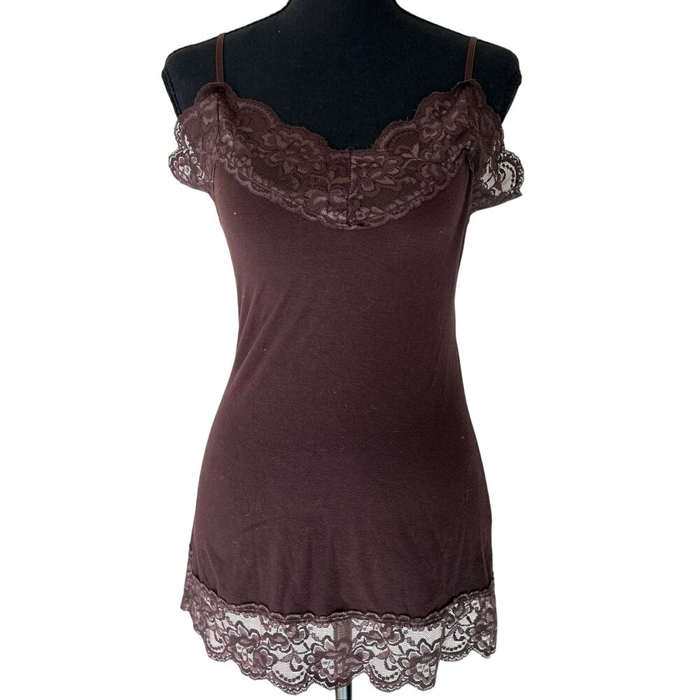 Vintage Brown Lace Trim Cami Tunic Top Y2K Fairy Grunge Coquette Slip Style M